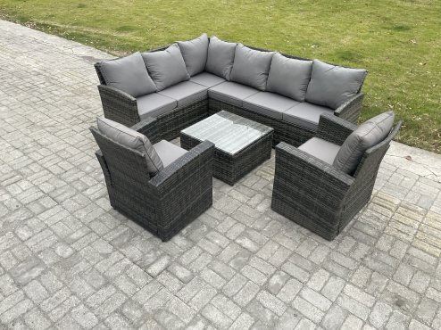 Fimous 8 Seater Outdoor Garden Furniture Set Wicker PE Rattan Corner Sofa Set with Square Coffee Table 2 Armchairs Dark Grey Mixed