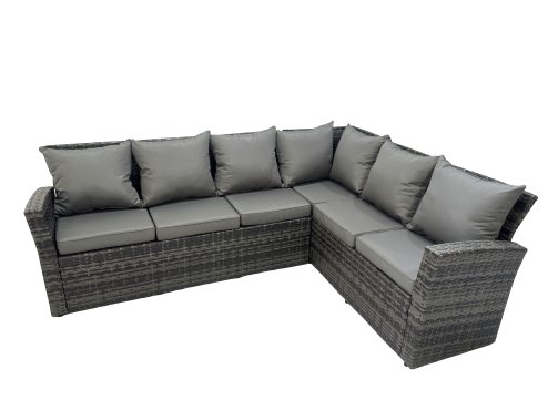 Fimous 11 Seater Garden Outdoor Rattan Furniture Set Rattan Corner Sofa Oblong Dining Table with 2 Armchairs 3 Footstools Dark Grey