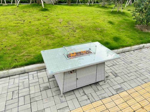 Fimous Light Grey Rattan Outdoor Garden furniture Set Gas Fire Pit Table and 6 Chairs Set with Seat Cushion