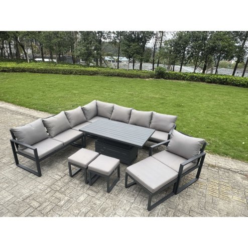 Fimous L-shaped Garden Furniture Set 10-Seater Aluminium Outdoor Dining Set with Adjustable Rising Lifting Dining Table 3 Footstools Dark Grey