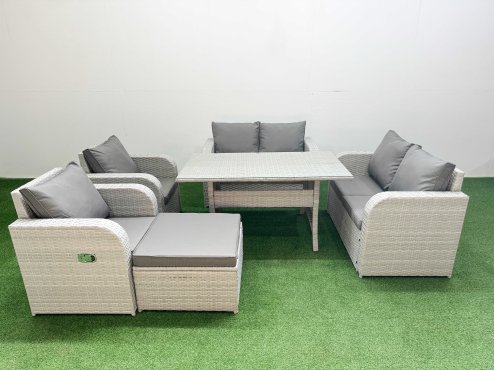 Fimous 7 Seater Outdoor Reclining Chair Love Sofa Set Rattan Garden Furniture Set with Rectangular Dining Table Footstool Light Grey