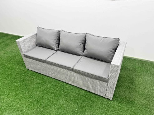 Fimous 7 Seat PE Rattan Lounge Sofa Set Outdoor Garden Furniture Set with Firepit Dining Table 3 Seater Sofa 2 Big Footstools Light Grey