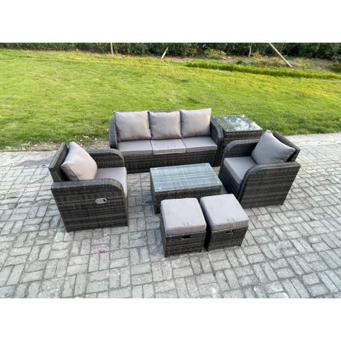 Fimous Outdoor Rattan Garden Furniture Set Patio Lounge Sofa Set with Reclining Chair Rectangular Coffee Table Side Table 2 Small Footstools Dark Grey Mixed