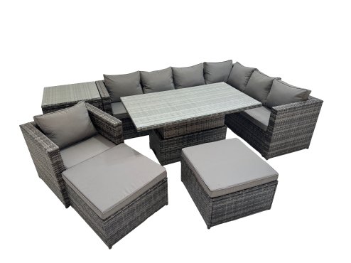 Fimous 9 Seater Rattan Height Adjustable Rising Lifting Table Corner Sofa Sets with Chair 2 Big Stools Side Table Dark Grey Mixed