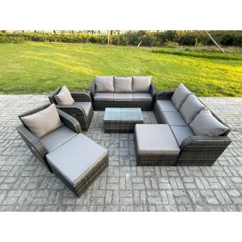 Fimous Wicker PE Rattan Garden Furniture Set 10 Seater Outdoor Lounge Sofa Set with Coffee Table 2 Big Footstool Dark Grey Mixed