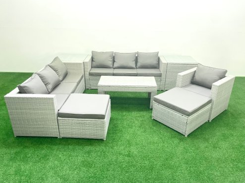 Fimous Wicker PE Rattan Sofa Garden Furniture Set with Oblong Coffee Table Armchair 2 Big Footstools 2 Side Tables Light Grey Mixed