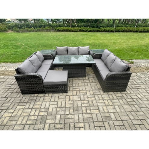 Fimous Patio Garden Dining Set Outdoor Rattan Furniture Lounge Sofa Height Adjustable Rising lifting Table With 2 Side Tables Big Footstool Dark Grey Mixed