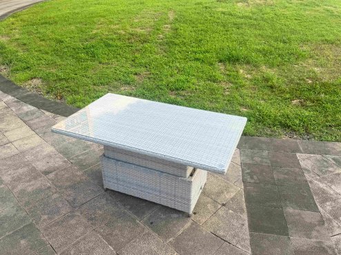 Fimous Light Grey Rattan Outdoor Garden furniture Set Height Adjustable Rising Lifting Table and 6 Chairs Set with Seat Cushion
