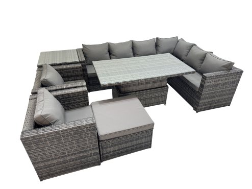 Fimous 9 Seater Rattan Height Adjustable Rising Lifting Table Corner Sofa Sets with 2 Chairs Big Stool Side Table Dark Grey Mixed
