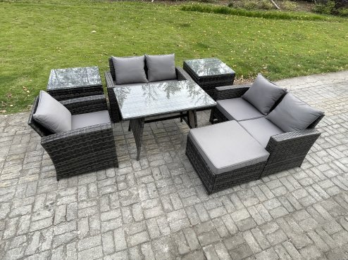 Fimous Wicker PE Rattan Garden Dining Set Outdoor Furniture Sofa with Rectangular Dining Table Love Seat Sofa 2 Side Tables Big Footstool Dark Grey Mixed