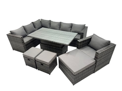 Fimous 10-seater Height Adjustable Rising Lifting Table Corner Sofa Set Rattan Garden Furniture Dining Set with 3 Stool Dark Grey Mixed