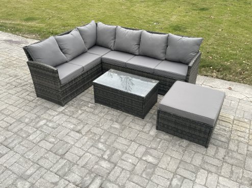 Fimous 7 Seater Rattan Lounge Corner Sofa Set Wicker PE Outdoor Garden Furniture Set with Coffee Table Big Footstool Dark Grey Mixed