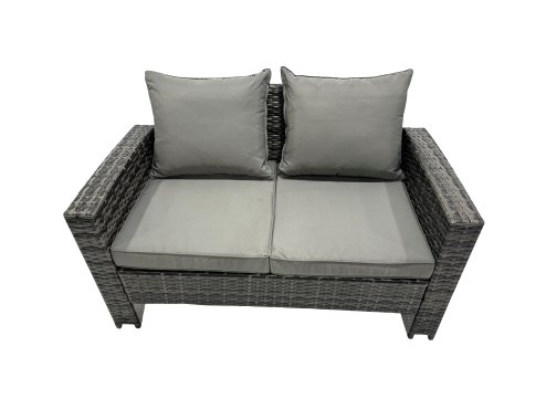 Fimous 8 Seater Wicker PE Rattan Furniture Outdoor Dining Table Double Seat Sofa 4 Stools Set Dark Grey Mixed