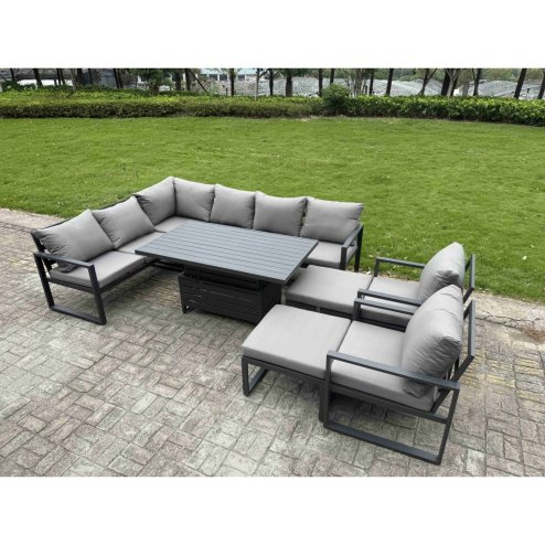 Fimous Aluminium Garden Furniture Sets,9 Seater Outdoor Conversational Dining Set with Adjustable Rising Lifting Dining Table,2 Big Footstools Dark Grey