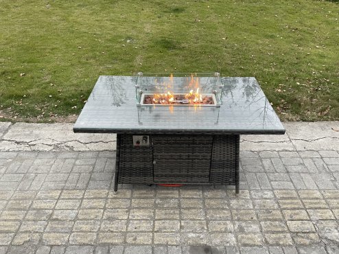 Fimous Rattan Garden Furniture High Back Corner Sofa Gas Fire Pit Dining Table Sets Gas Heater with 3 Small Footstools 9 Seater Dark Grey Mixed