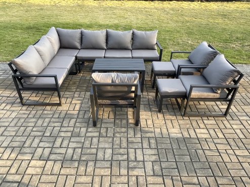 Fimous Aluminium Garden Furniture Set Outdoor Indoor Lounge Corner Sofa 3 Pcs Chair Oblong Coffee Table Sets with 2 Small Footstools Dark Grey