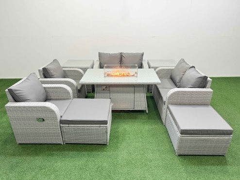 Fimous 8 Seater Outdoor Reclining Chair Love Sofa Set Rattan Garden Furniture Set with Firepit Dining Table 2 Big FootStools 2 Side Table Light Grey