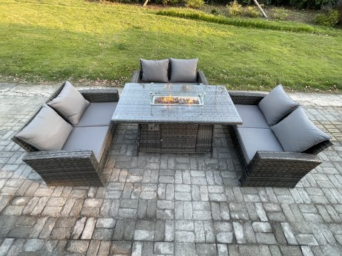 Fimous Outdoor Garden Dining Sets 6 Seater Rattan Patio Furniture Sofa Set with Gas Firepit Table Double Seat Sofa Dark Grey Mixed