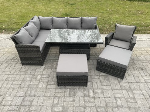 Fimous Outdoor Garden Furniture Set Wicker PE Rattan Height Adjustable Rising Lifting Table Sofa Dining Set with 2 Big Footstool Armchair Dark Grey Mixed