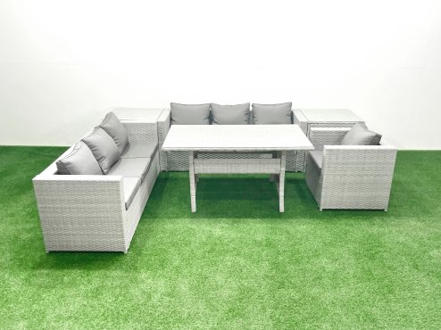 Fimous 6 Pieces Outdoor Rattan Sofa Set with Cushions Patio Garden Furniture Sets with Armchair Dining Table 2 Side Tables
