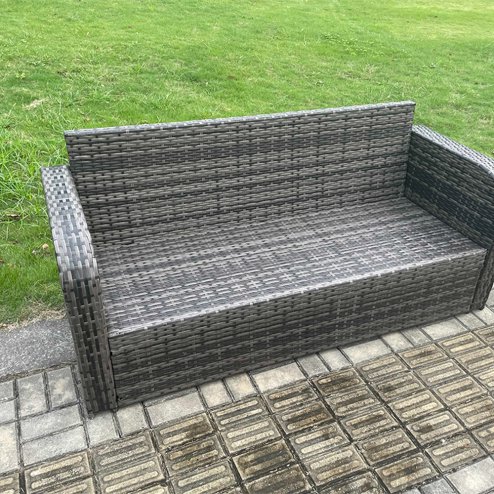 Fimous Dark Grey Mix PE Wicker Rattan Garden Furniture Set Sofa Set Reclining Adjustable Chair 7 Seater With Dining Table