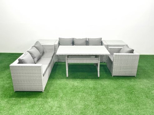 Fimous 6 Pieces Outdoor Rattan Sofa Set with Cushions Patio Garden Furniture Sets with Armchair Dining Table 2 Side Tables