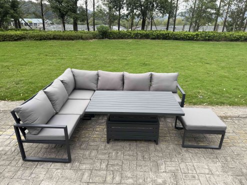 Fimous 10 Pieces Aluminium Garden Furniture Sets with Adjustable Rising Lifting Dining Table,Chair,2 Small Footstools 11 Seater Corner Sofa Set Dark Grey