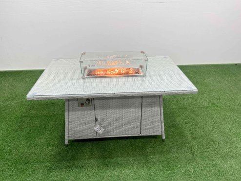 Fimous PE Rattan Lounge Sofa Set Outdoor Garden Furniture Set with Firepit Dining Table 3 Seater Sofa Side Table 3 Stools Light Grey