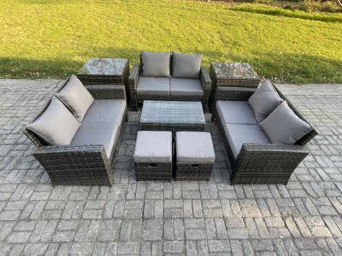 Fimous 8pc Rattan Sofa Garden Furniture Outdoor Patio Set with 2 Side Tables 2 Small Footstools Love Seat Sofa Dark Grey Mixed