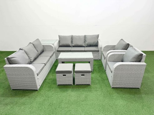 Fimous PE Rattan High Back Lounge Sofa Set Patio Oblong Coffee Table & Chairs Set with 3 Seater Sofa Reclining Chair Stools Side Table Light Grey