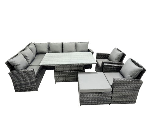 Fimous Poly Rattan Outdoor Patio Height Adjustable Rising Lifting Table Corner Sofa Set with Big Stool,2 Chairs for Garden Backyard Dark Grey Mixed