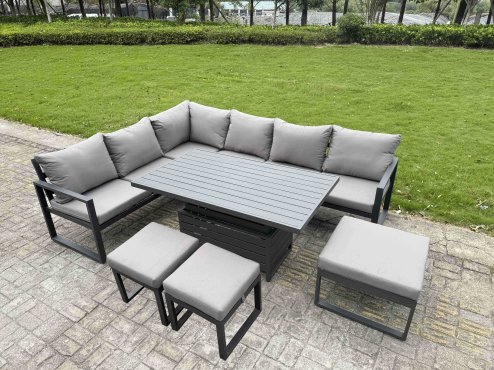 Fimous Aluminium Garden Furniture Sets,11 Seater Outdoor Conversational Dining Set with Adjustable Rising Lifting Dining Table,2 Big Footstools Dark Grey