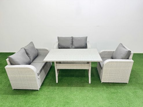 Fimous High Back Poly Rattan Garden Furniture Set with Reclining Chair Loveseat Sofa Rectangular Dining Table Indoor Outdoor Patio Set Light Grey