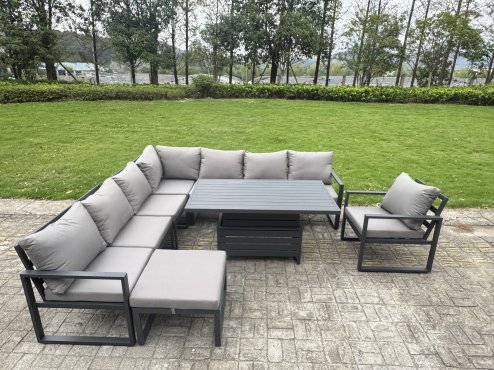 Fimous 8 Seater Aluminium Sofa Set 7 Pieces Outdoor Garden Furniture - Rising Dining Table with Cushions Dark Grey