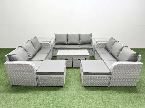 Fimous Outdoor Garden Furniture Set PE Rattan 3 Seater Sofa Set with Oblong Coffee Table 4 Footstools 2 Side Tables Light Grey