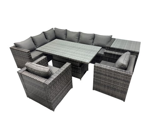 Fimous 8-seater Height Adjustable Rising Lifting Table Corner Sofa Set Rattan Garden Furniture Dining Set with Side Table Dark Grey Mixed
