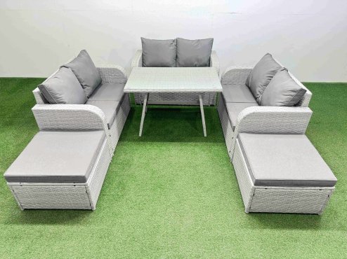Fimous Rattan Garden Furniture Dining Set 8-seater Patio Rectangular Table Love Sofa Set with 2 Big Stools