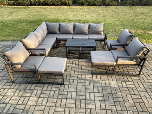 Fimous 13 Seater Aluminium Outdoor Garden Furniture Set Patio Lounge Sofa with Oblong Coffee Table Chair 2 Small Footstools 2 Big Footstools Dark Grey