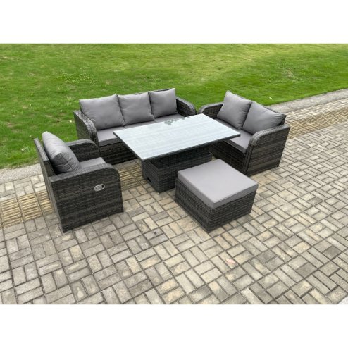 Fimous 7 Seater Outdoor Rattan Furniture Garden Dining Set Patio Height Adjustable Rising lifting Table with 3 Seater Sofa Reclining Chair Love Sofa Dark Grey Mixed