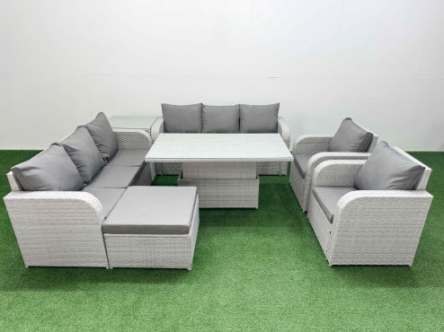 Fimous PE Rattan High Back Lounge Sofa Set Patio Adjustable Lifting Dining or Coffee Table & Chairs Set with 3 Seater Sofa Reclining Chair Big Footstool Side Table Light Grey