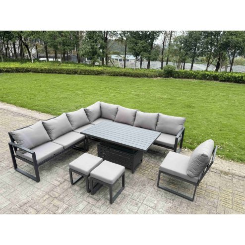 Fimous 7 Pieces Aluminium Garden Furniture Set with Cushions, Patio Furniture Set with Adjustable Rising Lifting Dining Table Dark Grey