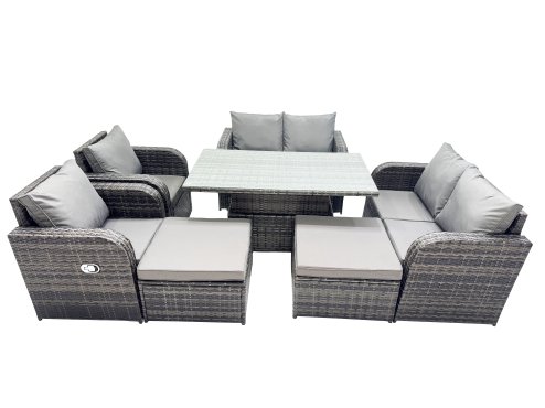 Fimous 8-seater Patio Height Adjustable Rising Lifting Table Sofa Sets Rattan Garden Furniture Dining Set with 2 Big Footstool Dark Grey Mixed