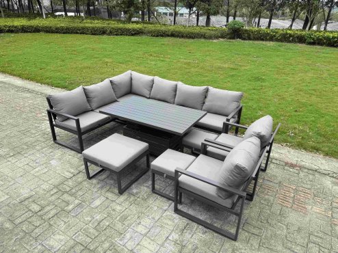 Fimous Aluminium Adjustable Rising Lifting Dining Table Sofa Set 10 Seat Aluminium Garden Furniture Sets with 3 Footstools Chair Dark Grey