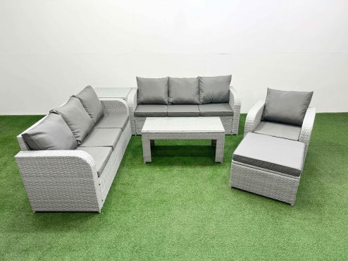 Fimous 8 Seater Poly Rattan Outdoor Garden Furniture Oblong Coffee Table Sofa Set Patio 3 Seater Sofa Reclining Chair 3 Seater Sofa Big Footstool Side Table Light Grey