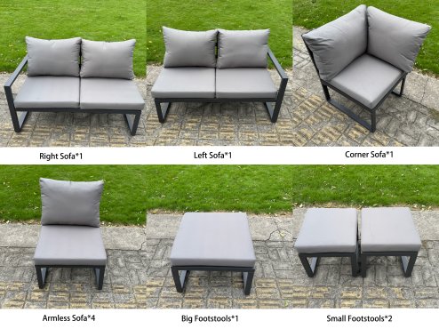 Fimous 10 Pieces Aluminium Garden Furniture Set with Cushions, Patio Furniture Set with Adjustable Rising Lifting Dining Table 2 Big Footstools Dark Grey
