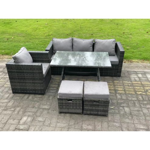 Fimous PE Rattan Outdoor Furniture Garden Dining Set with Oblong Dining Table Armchair 2 Small Footstools Dark Grey Mixed