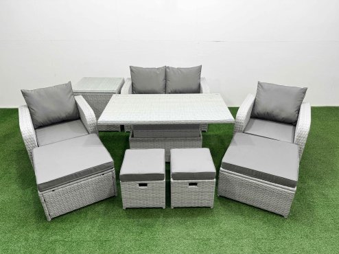 Fimous 9 PCs Rising Dining Table Set Reclining Chair Inclining Love Sofa Seat 2 Big Footstool 2 Small Stool 1 Side Table Light Grey