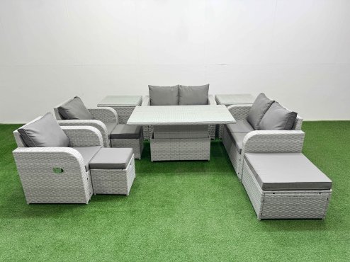 Fimous 9 Seater Outdoor Reclining Chair Love Sofa Set Rattan Garden Furniture Set with Adjustable Lifting Dining or Coffee Table 3 Stools 2 Side Table Light Grey