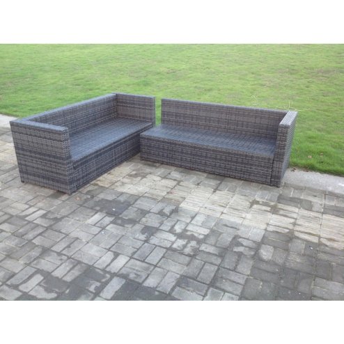 Fimous Dark Grey Mixed Rattan Garden Furniture Corner Sofa Set Oblong Coffee Table Chair Footstools