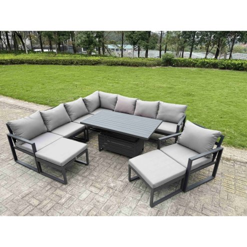 Fimous 9 Seater Aluminium Sofa Set 8 Pieces Outdoor Garden Furniture - Rising Dining Table with Cushions Dark Grey